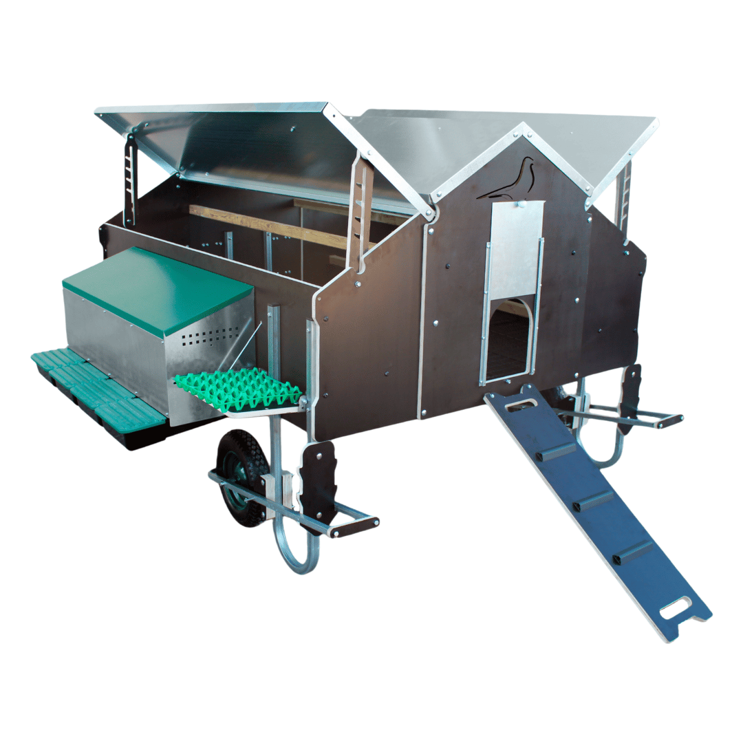 Incluye ponedero de 4 huecos, perchas para el descanso de las aves y deposito de 55 litros con 4 bebederos de nivel constante